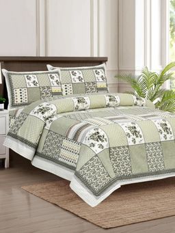 JAIPUR FABRIC - Green 140 TC Cotton Floral Printed Double Bed King Bedsheet with Pillow Covers