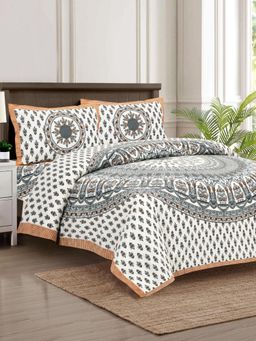 JAIPUR FABRIC - Orange 140 TC Cotton Mandala Jaipuri Double Bed King Bedsheet with Pillow Covers