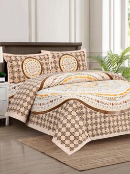 JAIPUR FABRIC - Peach 140 TC Cotton Mandala Jaipuri Double Bed King Bedsheet with Pillow Covers
