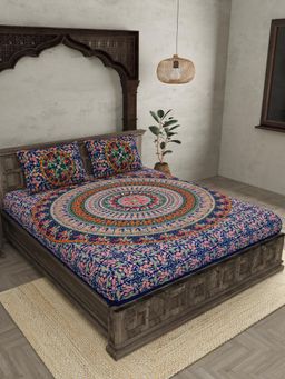 JAIPUR FABRIC - Navy Blue 120 TC Soft Cotton Floral King Bedsheet with Pillow Covers