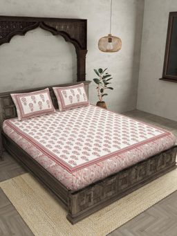 JAIPUR FABRIC - 240 TC Cotton Floral Block Double King Bedsheet with Pillow Covers