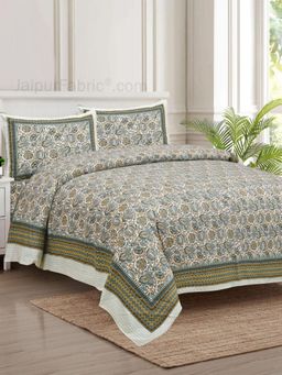 JAIPUR FABRIC - 180 TC Florets Green Cotton Double King Bedsheet with Pillow Cover