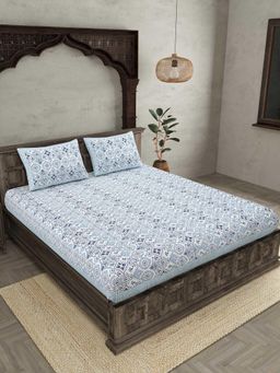 JAIPUR FABRIC - Showering Festivities Blue Pure Cotton Double King Bedsheet with Pillow Covers