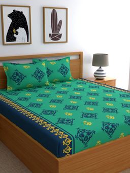 Home Ecstasy - Green Ethnic Cotton King Bedsheet with Pillow Covers