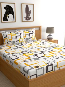 Home Ecstasy - White Geometric Cotton King Bedsheet with Pillow Covers