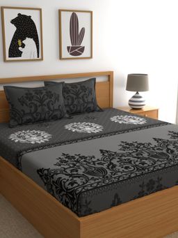 Dreamscape - Grey Ethnic Cotton King Bedsheet with Pillow Covers