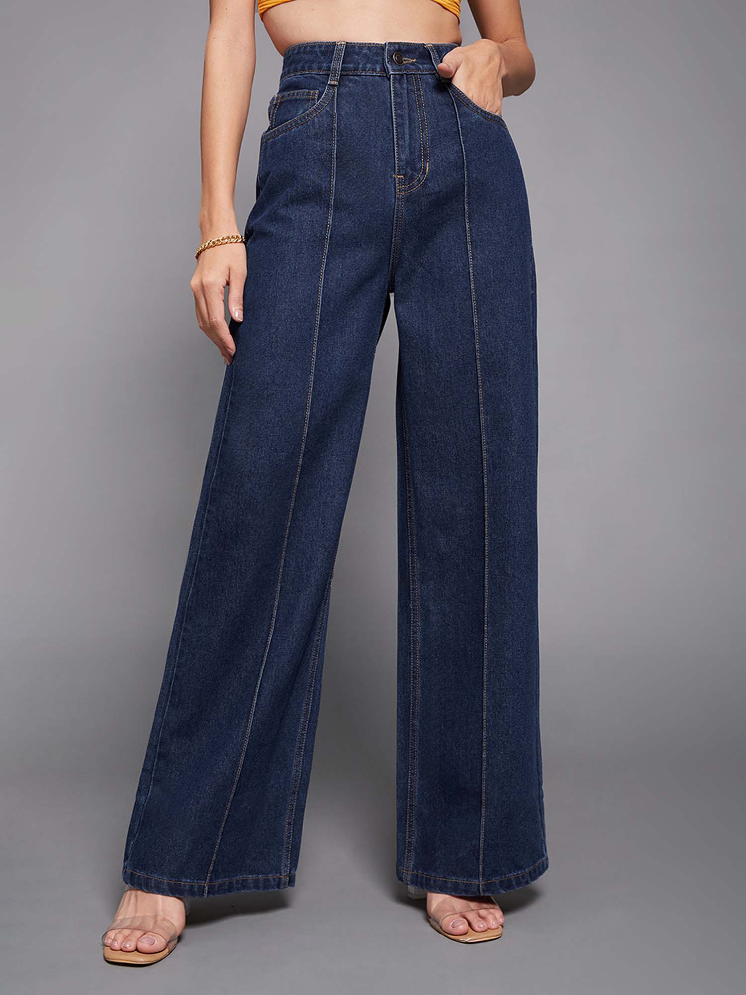 miss chase Navy Blue Wide-Leg High-Rise Clean-Look Denim Jeans-picture-18