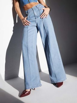 Miss Chase - Light Blue Straight-Fit High-Rise Non-Stretchable Denim Jeans