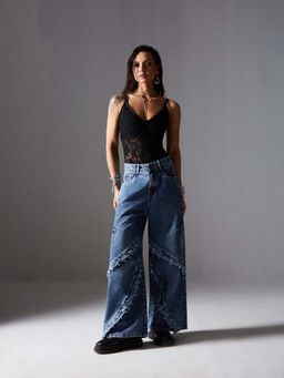 Miss Chase - Navy Blue Wide-Leg High-Rise Highly-Distressed Denim Jeans