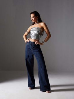 Miss Chase - Navy Blue Wide-Leg High-Rise Non-Stretchable Denim Jeans