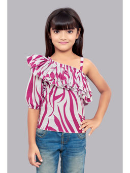 Pink Chick - Pink One Shoulder Zebra Print Top With Ruffle Sleeves