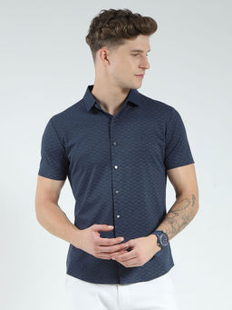 Monte Carlo - Navy Blue Printed Slim Fit Shirt