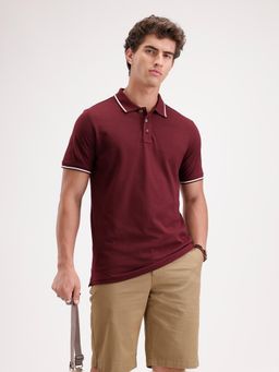 WROGN - Men Wine Cotton Blend Solid/Plain 1 Polo T-Shirt