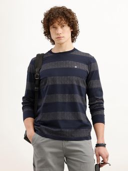 WROGN - Men Navy Blue Pure Cotton Stripes 1 T-Shirt