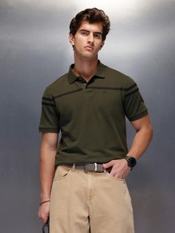 WROGN - Men Olive Pure Cotton Solid/Plain 1 Polo T-Shirt