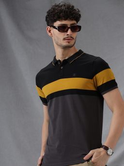 WROGN - Men Charcoal Cotton Blend Colorblock 1 Polo T-Shirt