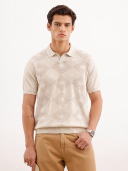 WROGN - Men Beige Pure Cotton Textured 1 Polo T-Shirt