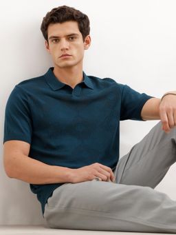 WROGN - Men Teal Pure Cotton Textured 1 Polo T-Shirt