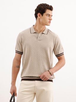 WROGN - Men Khaki Pure Cotton Textured 1 Polo T-Shirt