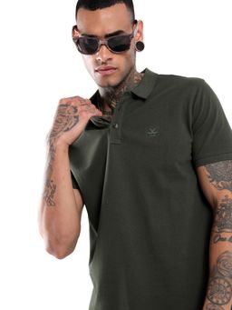 WROGN - Men Olive Pure Cotton Solid/Plain 1 Polo T-Shirt