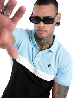 WROGN - Men Blue Cotton Blend Colorblock 1 Polo T-Shirt