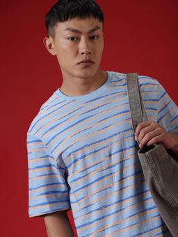 WROGN - Men Blue Pure Cotton Stripes 1 T-Shirt
