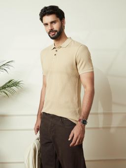 WROGN - Men Beige Cotton Blend Textured 1 Polo T-Shirt
