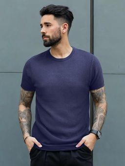 WROGN - Men Purple Pure Cotton Textured 1 T-Shirt