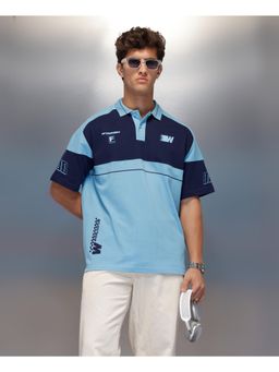 WROGN - Men Blue Pure Cotton Colorblock 1 Polo T-Shirt