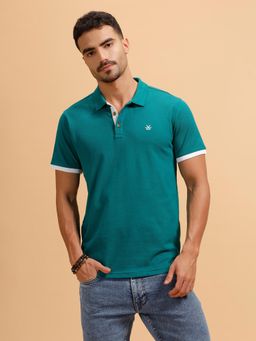 WROGN - Men Teal Cotton Blend Solid/Plain 1 Polo T-Shirt