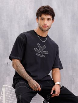 WROGN - Men Black Pure Cotton Embroidered 1 T-Shirt