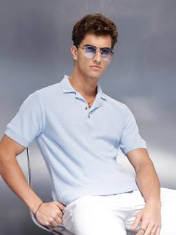 WROGN - Men Blue Cotton Blend Textured 1 Polo T-Shirt
