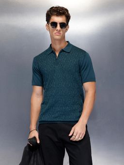 WROGN - Men Teal Pure Cotton Textured 1 Polo T-Shirt