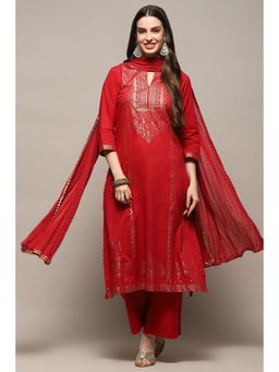 Biba - Red Cotton Straight Kurta & Palazzo with Dupatta (Set of 3)