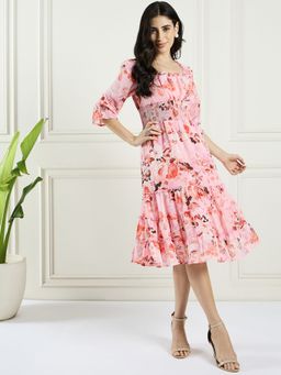 Magre - Flex Fit Pink Floral Print Flared Smocking Dress