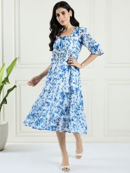 Magre - Flex Fit Blue Floral Print Flared Smocking Dress