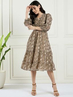 Magre - Flex Fit Brown Snake Print Flared Smocking Dress
