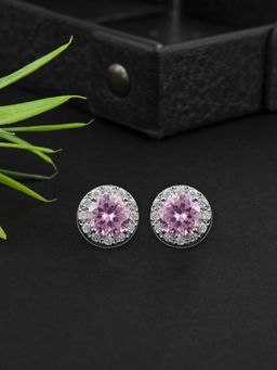 E2O - Self Design Pink Diamond Round Shaped Stud Earring with Black Colour Stone