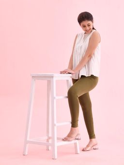 Go Colors - Soft Cotton Stretch Ankle Length Leggings For Women | Breathable, Mid Rise, Olive Green