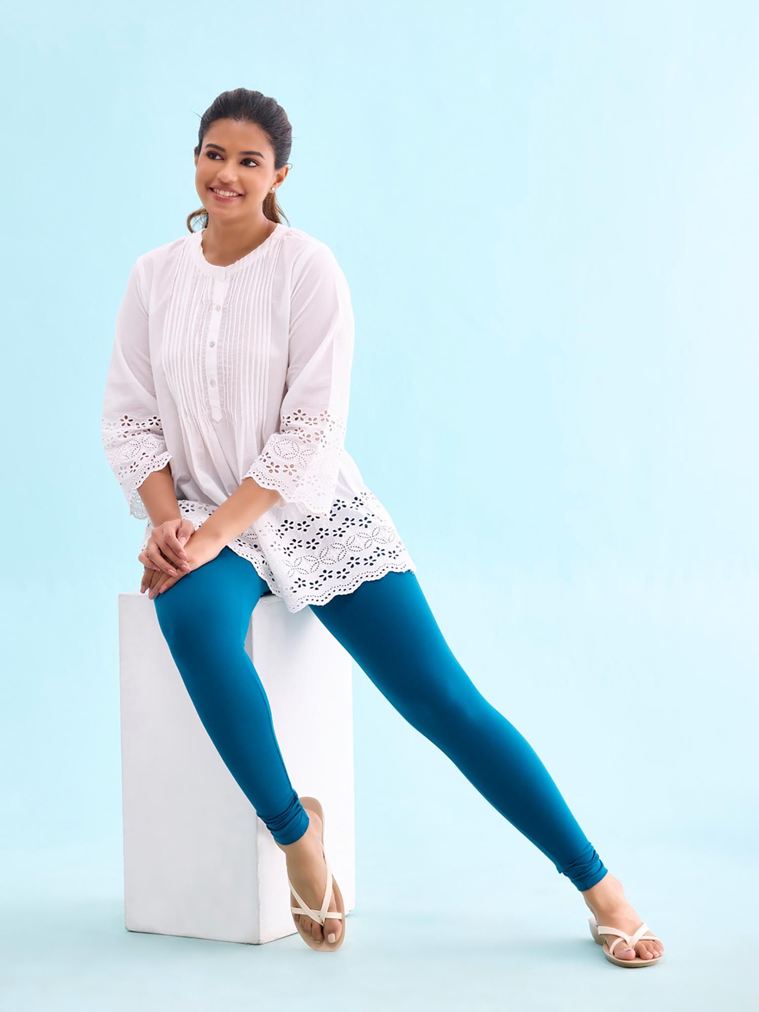 go colors Soft Cotton Stretch Ankle Length Leggings For Women | Breathable, Mid Rise, Turquoise Blue-picture-25