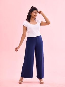 Go Colors - Women Navy Solid Knit Viscose Viscose Mid Rise Palazzos