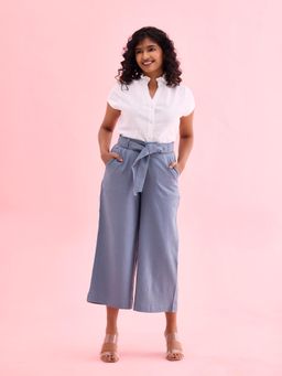 Go Colors - Women Blue Jeans Solid Linen Mid Rise Culottes
