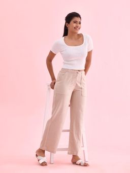 Go Colors - Women Solid Beige Linen Cargo Pant