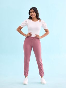 Go Colors - Women Solid Cotton Light Purple Cuffed Joggers