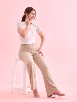 Go Colors - Women Solid Beige High Rise Ponte Bell Bottoms
