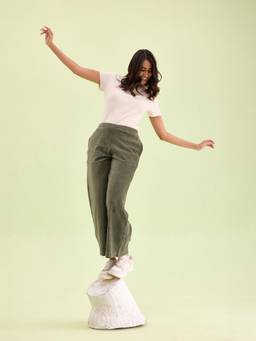 Go Colors - Women Solid Olive Green Mid Rise Corduory Wide Pants