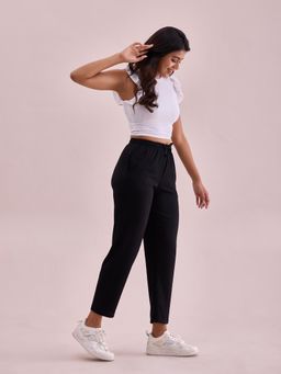 Go Colors - Women Solid Black Mid Rise Casual Rib Pants
