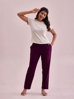 Go Colors - Women Solid Dark Wine Mid Rise Casual Rib Pants