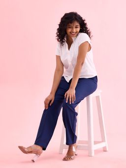 Go Colors - Women Solid Navy Mid Rise Casual Pants