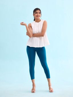 Go Colors - Soft Cotton Stretch Cropped Leggings For Women | Breathable, Mid Rise, Black Turquoise Blue